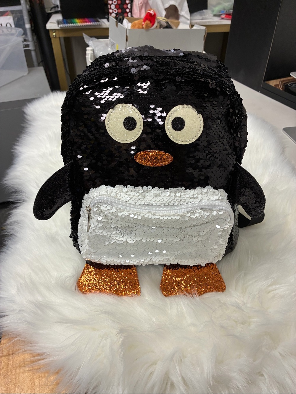 Sequined Penguin Small Backpack - Black, White & Orange Glitter
